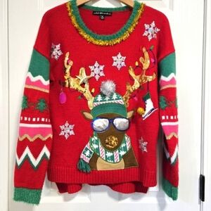 United‎ States Sweaters Women's Ugly Christmas Reindeer 3D Long Sleeve Medium